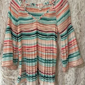 Spense Striped Peasant Tunic in Aqua, Peach & Cream